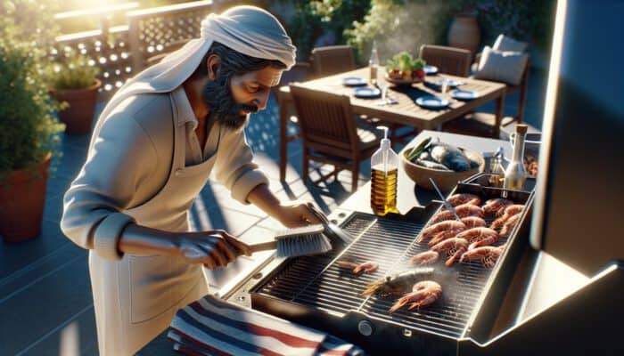 A person scrapes and oils a barbecue grill with a wire brush, with fresh shrimp and fish nearby on a sunny patio.