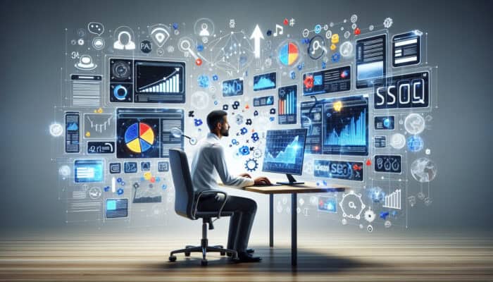 Focused SEO expert optimising landing page on multiple screens, surrounded by floating keywords, analytics graphs, search icons, and upward arrows.