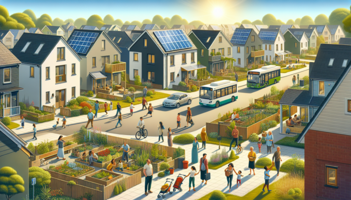 A peaceful suburban street lined with modest energy-efficient homes, solar panels, community gardens, diverse families, and accessible public transport under a clear blue sky.