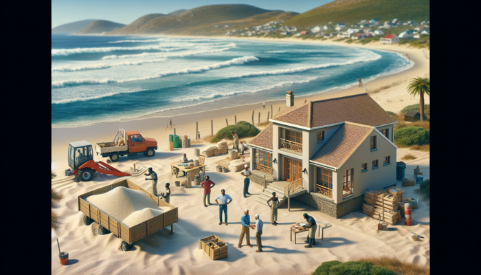 Serene coastal scene near Secunda: workers maintain a beachfront home with local materials while homeowners discuss repairs under a sunny sky.
