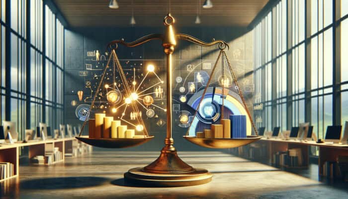 A content creator in a modern digital studio balances a video timeline on a golden scale, with segmented chapters on one side and fading viewer interest graphs on the other.