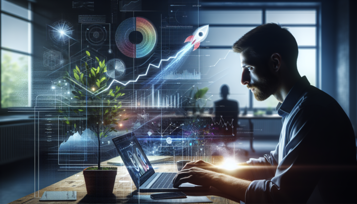 Entrepreneur in Barnstaple office analysing laptop dashboards showcasing user behavior graphs, conversion rates, and growing e-commerce trends.