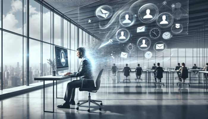 A business executive in a modern office delegates emails on a computer, with digital envelopes flying to team avatars, timers, and checklists to ensure efficiency.