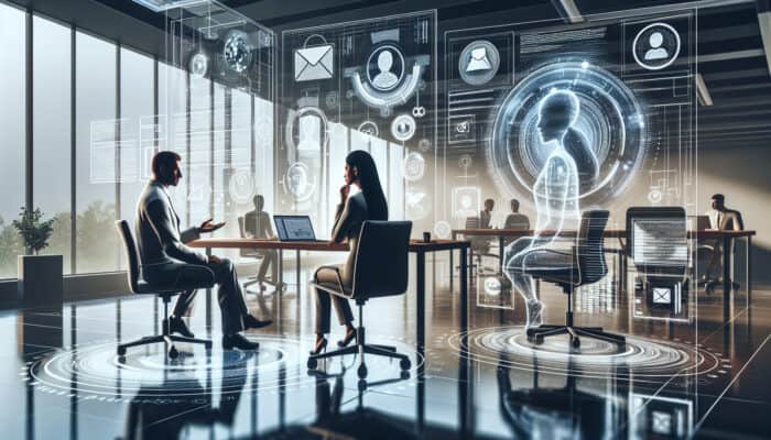 A manager and virtual assistant review a shared document with email icons and progress charts during a modern virtual meeting.