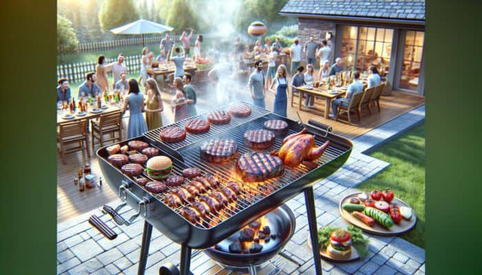 Outdoor barbecue scene: charcoal grill searing steaks and burgers on one side, roasting chicken and ribs on the other, with rising smoke and eager diners.
