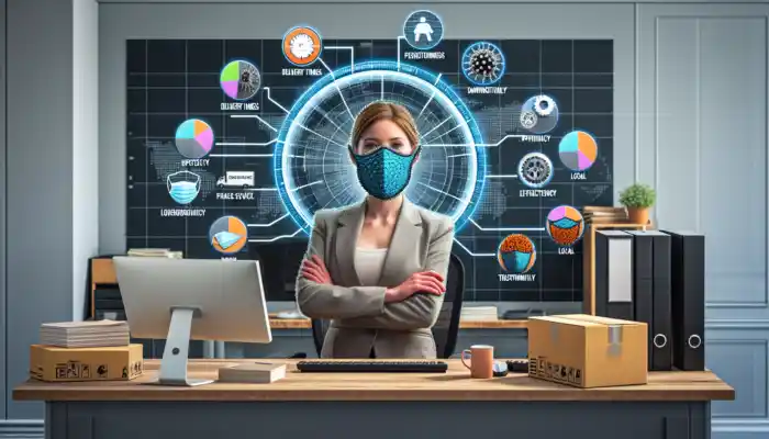 Business analyst in a modern Darlington office reviewing PPE suppliers with charts, icons, and customised masks for improved efficiency.