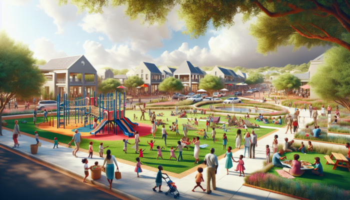 Vibrant park in Graaff-Reinet with modern community center, families picnicking, children playing on playgrounds, and people walking under sunny sky.