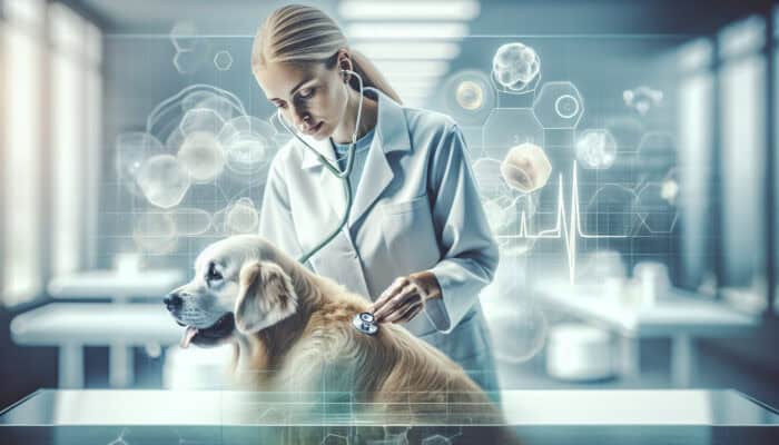 A veterinarian examines an anxious golden retriever in a clinic, using a stethoscope to assess health before sedation for a flight.