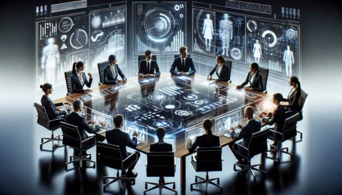 Merger Preparation with Human Virtual Assistant Support: Diverse executives in a boardroom analyse merger plans on digital screens, with holographic virtual assistants compiling documents and coordinating schedules.