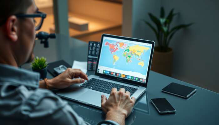 A traveller at a sleek desk organizes vacation logistics on a laptop, showing flight bookings, hotel reservations, and a colourful itinerary map.