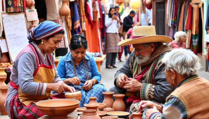 Artisans in traditional attire create pottery and textiles in San Miguel de Allende's bustling market, with elders sharing cultural heritage.