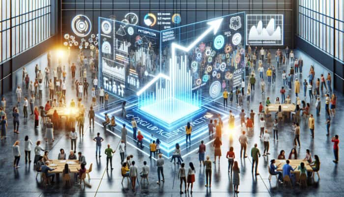 Diverse people in a bustling community hub collaborate around holographic displays showing rising graphs of participation and engagement metrics.