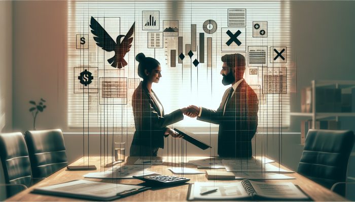 A determined sole trader shakes hands with an HMRC official in a modern office, surrounded by tax documents, payment schedules, and debt reduction charts.