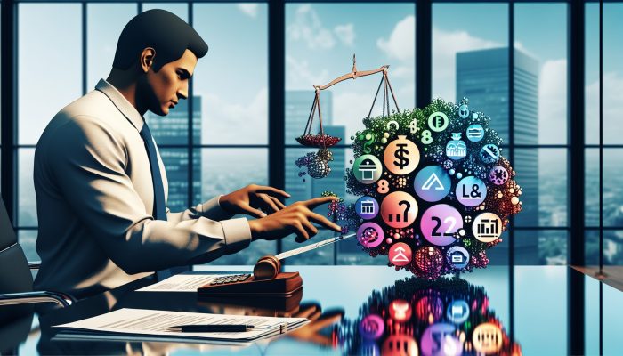 A focused professional in a modern London office reviews student loan documents, with charts on income thresholds and loan types, surrounded by scales and UK flags.