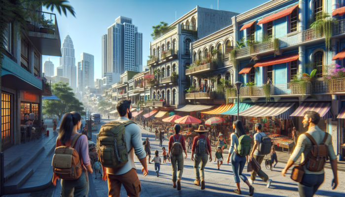 Explorers wandering through bustling city neighbourhoods featuring vibrant markets, affordable cafés, thrift stores, and lively parks.