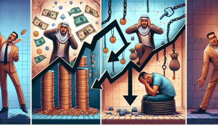 Illustration of debt consolidation outcomes: one side shows a relieved person escaping debt chains with growing savings; the other depicts a stressed individual trapped in overspending.