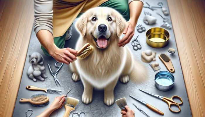 Groomer brushing a fluffy golden retriever's shiny coat, revealing healthy skin and bright eyes, with grooming tools and fresh water nearby.