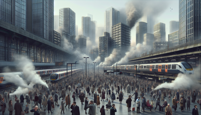 Chaotic rush hour street near a bustling train station: noisy buses and trains, jostling crowds, frustrated residents covering ears in hazy air.