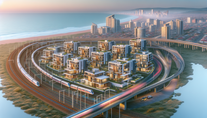 A vibrant Durban neighborhood at dawn, with modern homes offering ocean views and expanding transport networks like highways and trains.