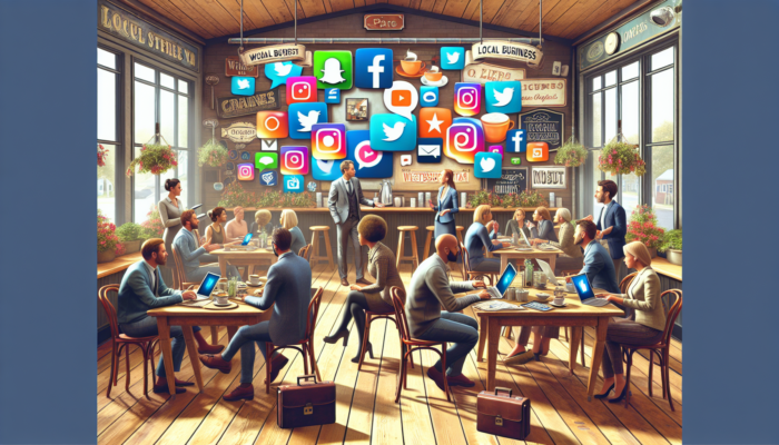 Experts in business attire lead a social media workshop in a Westbury cafe, with laptops showing Instagram and Twitter icons amid coffee cups.