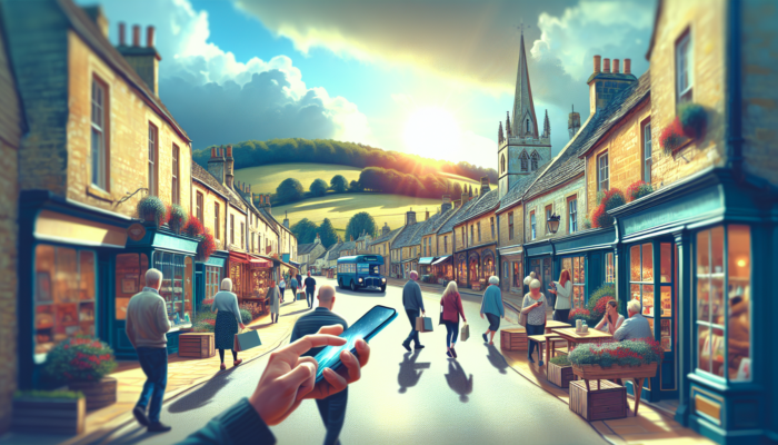 People in Stow-on-the-Wold using mobile devices to search optimised websites, drawing crowds to quaint shops under a sunny sky with green hills.