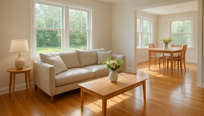 Immaculate Somerton home interior showcasing polished wooden floors, neatly arranged furniture, and fresh flowers.