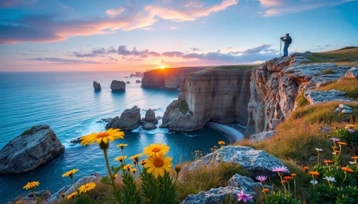 Photographer on a coastal cliff at dawn capturing a vibrant sunrise over turquoise waters, with golden light on wildflowers and rugged rocks, avoiding crowds.