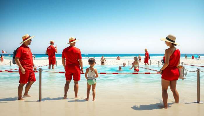 Beach scene with lifeguards in red uniforms observing swimmers in designated areas, families wearing hats and sunglasses under bright sun.