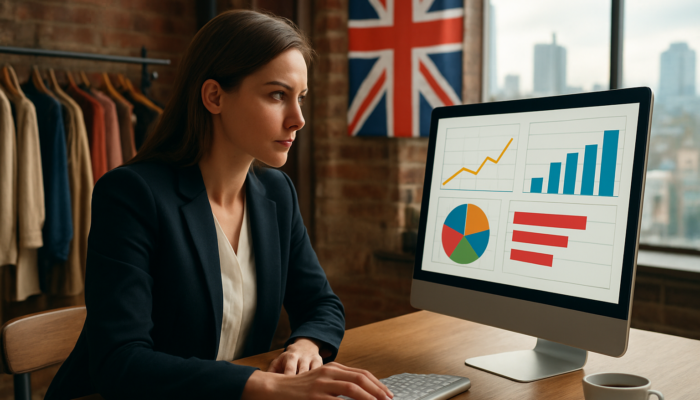 Determined entrepreneur in a Manchester boutique analysing increasing Google Analytics graphs with a Union Jack background.