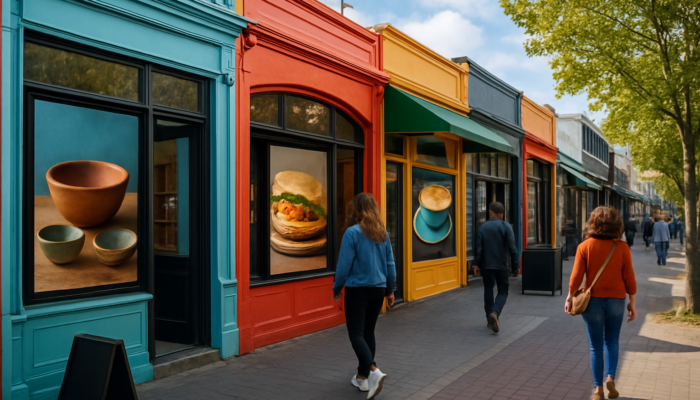 Bustling Christchurch street with colourful small business storefronts and digital screens showcasing local crafts and cafes.