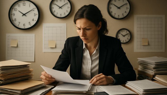 Focused campaign assistant prioritising documents in a busy office filled with clocks and task lists under deadline pressure.