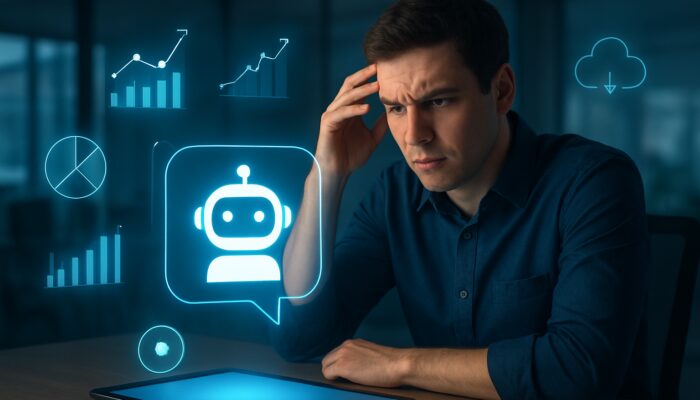 AI chatbot interface displayed on a glowing screen assisting customers with complex queries in a high-tech office environment.