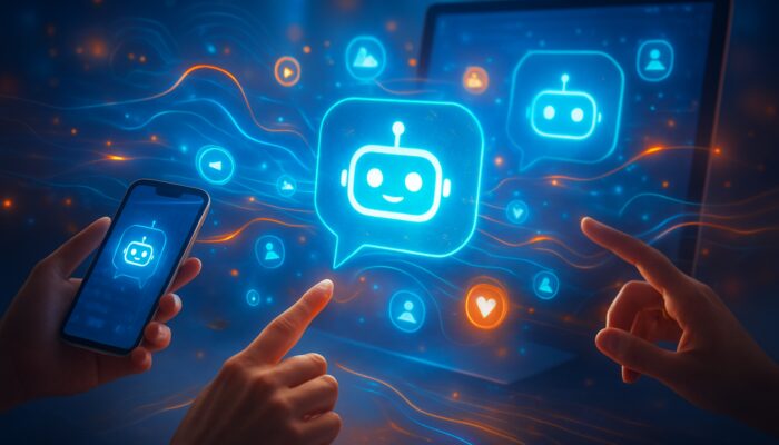 Holographic AI chatbot interface with users across web, mobile, and social media platforms, featuring data streams and vibrant icons.