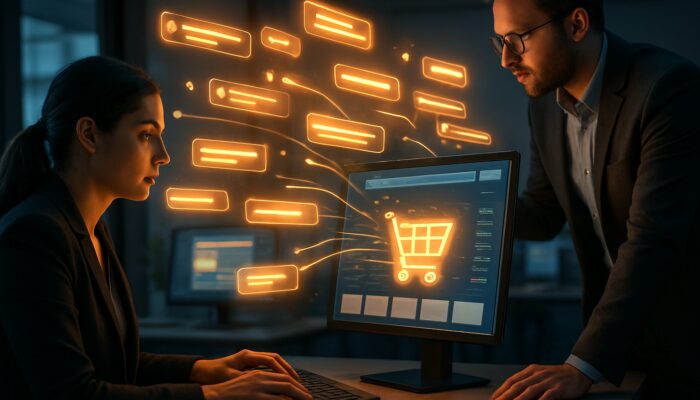Analysts extracting valuable keywords from floating reviews to enhance a vibrant e-commerce site.