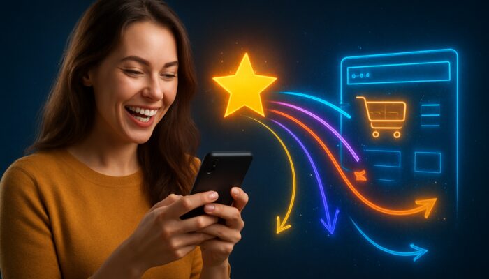Satisfied customer on smartphone posting review, with vibrant links to thriving e-commerce site symbolising SEO advancement.