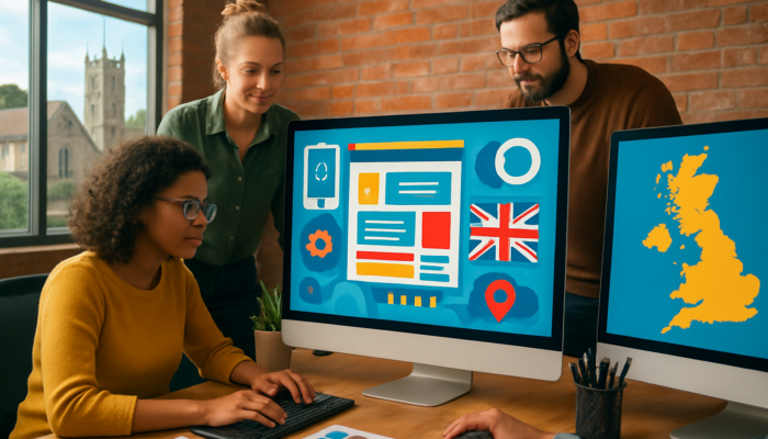 Dynamic Bridport office featuring designers working on SEO-optimised WordPress websites highlighting local UK landmarks.