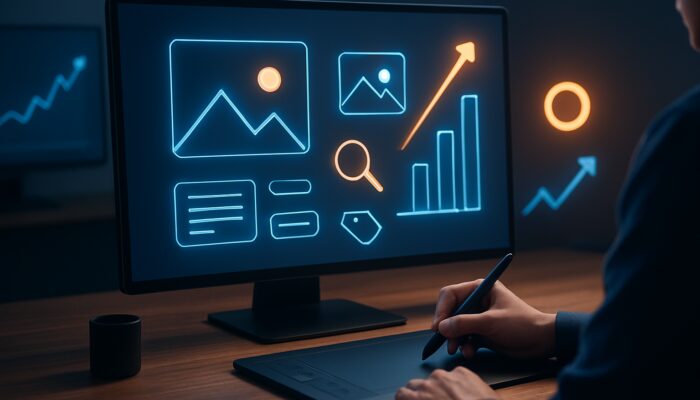 Designer optimising images with alt text, SEO tags, and icons, amid vibrant Google search graphs and increasing metrics.