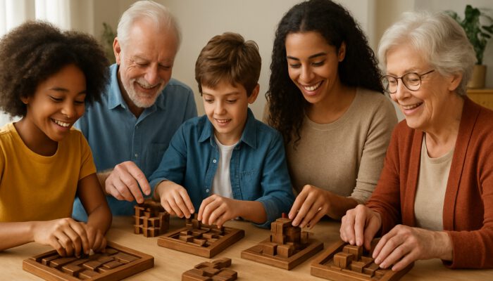 Diverse group of people of all ages solving Havana Brown puzzles with focused, joyful expressions in a bright environment.
