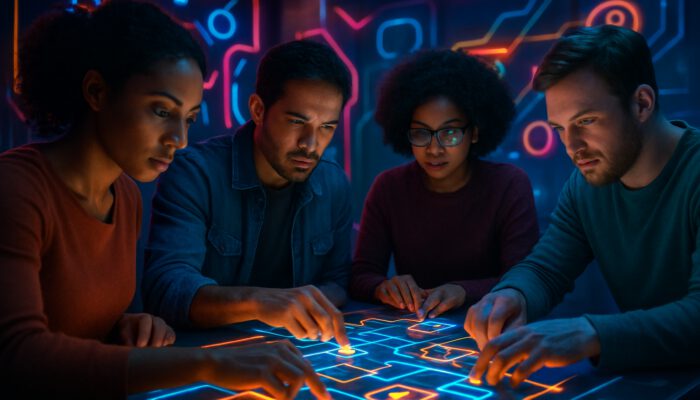 Diverse players tackling glowing puzzles in a futuristic Havana Brown intelligence game setting.