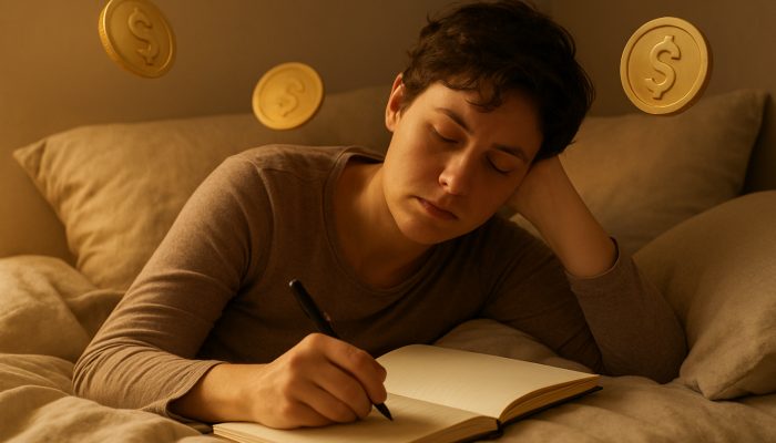 Tired individual resting in bed writing gentle debt repayment plan in journal with warm golden light