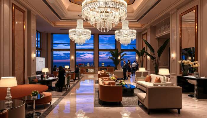 Luxurious hotel lobby at twilight featuring crystal chandeliers, plush velvet seating, marble flooring, staff serving champagne, and elegantly attired guests.