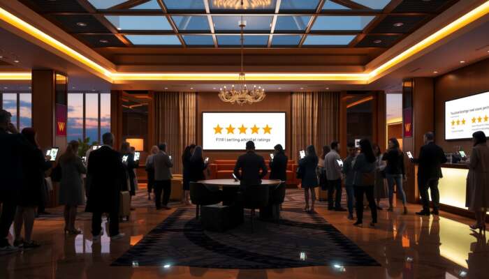 Luxurious hotel lobby at dusk, with guests reviewing five-star ratings and positive reviews on smartphones, illustrating the influence of ratings on travel decisions.