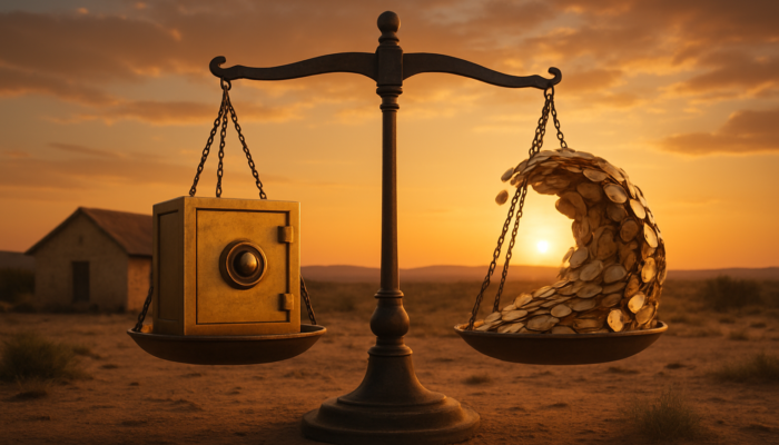 Charming Beaufort West home: fixed rates signified by a safe, coins for variable rates represented by a wave, under a balancing scale at sunset.