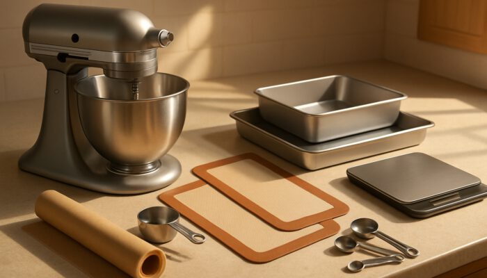 Cozy kitchen counter with stand mixer, baking pans, silicone mats, and measuring scale in sunlight.