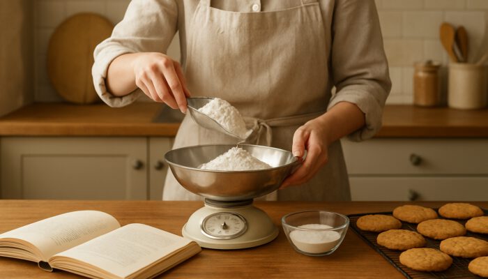 Baker measuring flour and leavening agents for cookies beside recipe book in kitchen