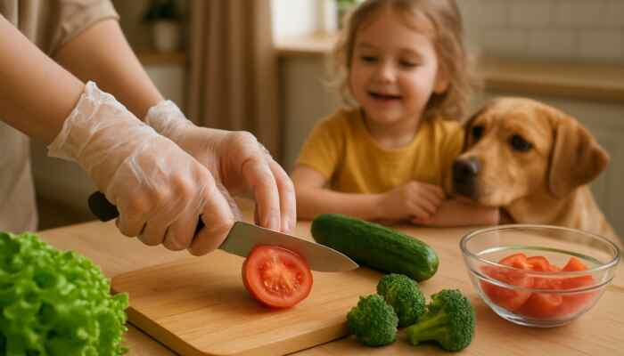 Hands in clear vinyl gloves preparing fresh food in a cosy family kitchen with child and pet nearby