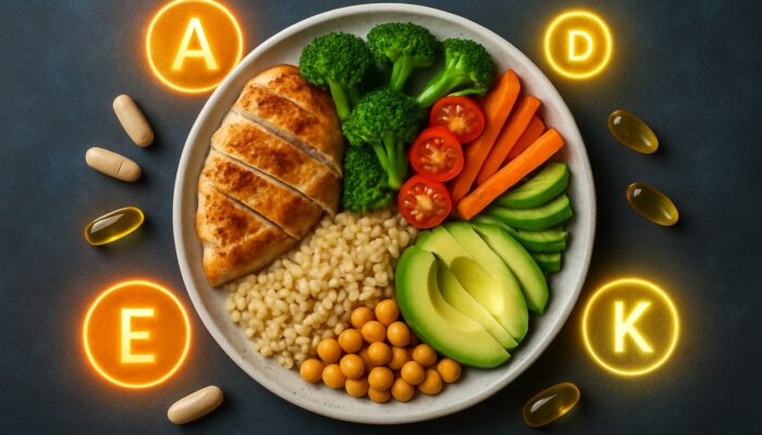 Balanced plate divided into protein, carbohydrate, and fat sections alongside supplement capsules and vitamin icons.