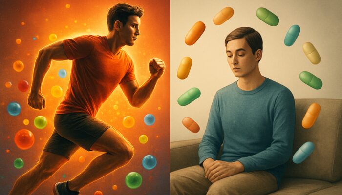 Illustration comparing an energetic athlete with antioxidant multivitamins to a calm sedentary individual with nutrient capsules.
