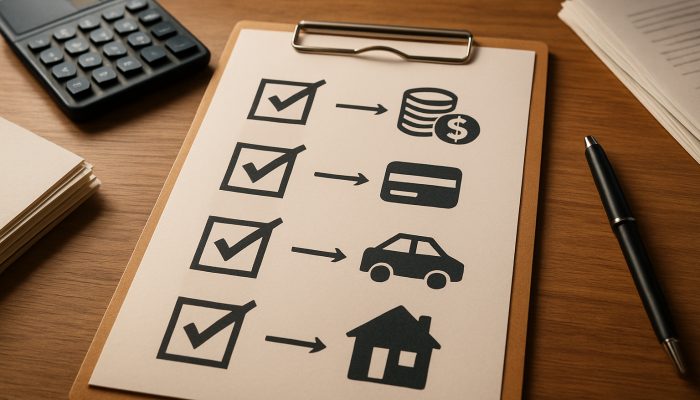 Checklist Before You Merge Any Debts: Key Points To Review | DCL Checklist displayed on a wooden desk for merging debts, featuring icons, a calculator, and documents