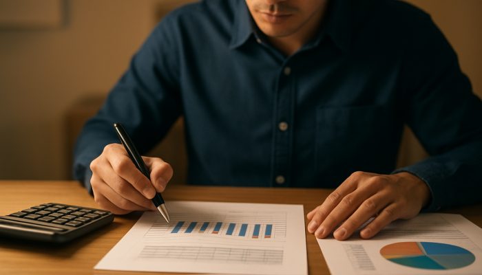 Checklist Before You Merge Any Debts: Key Points To Review | DCL Individual analysing income statements for a debt consolidation affordability assessment with calculator and charts